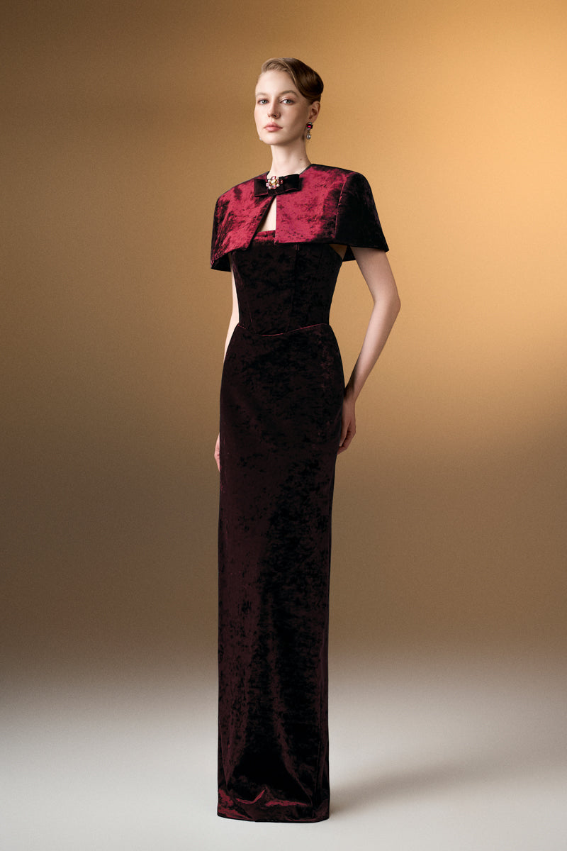 Strapless Column Gown With Mini Cape In Dark Red Grain Velvet