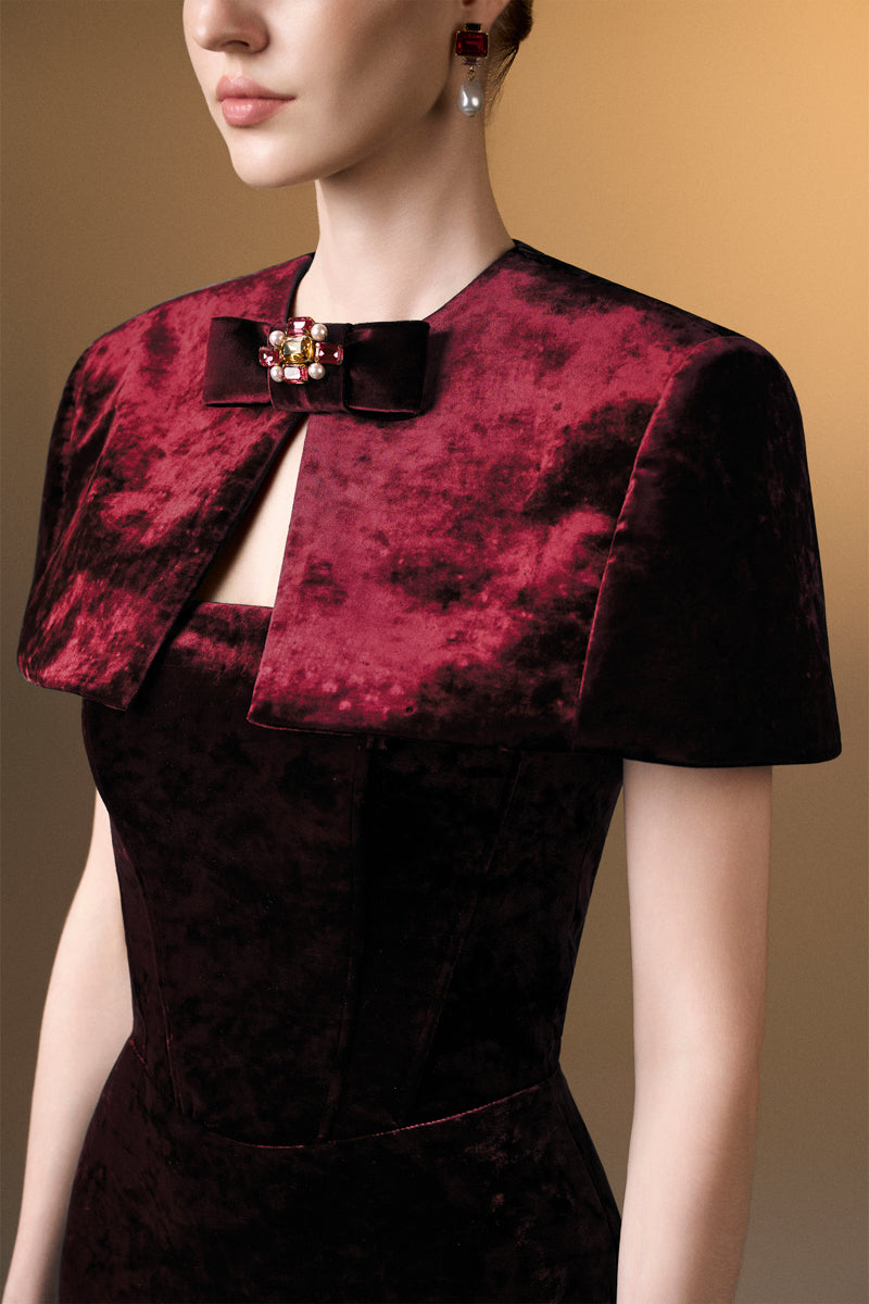 Strapless Column Gown With Mini Cape In Dark Red Grain Velvet