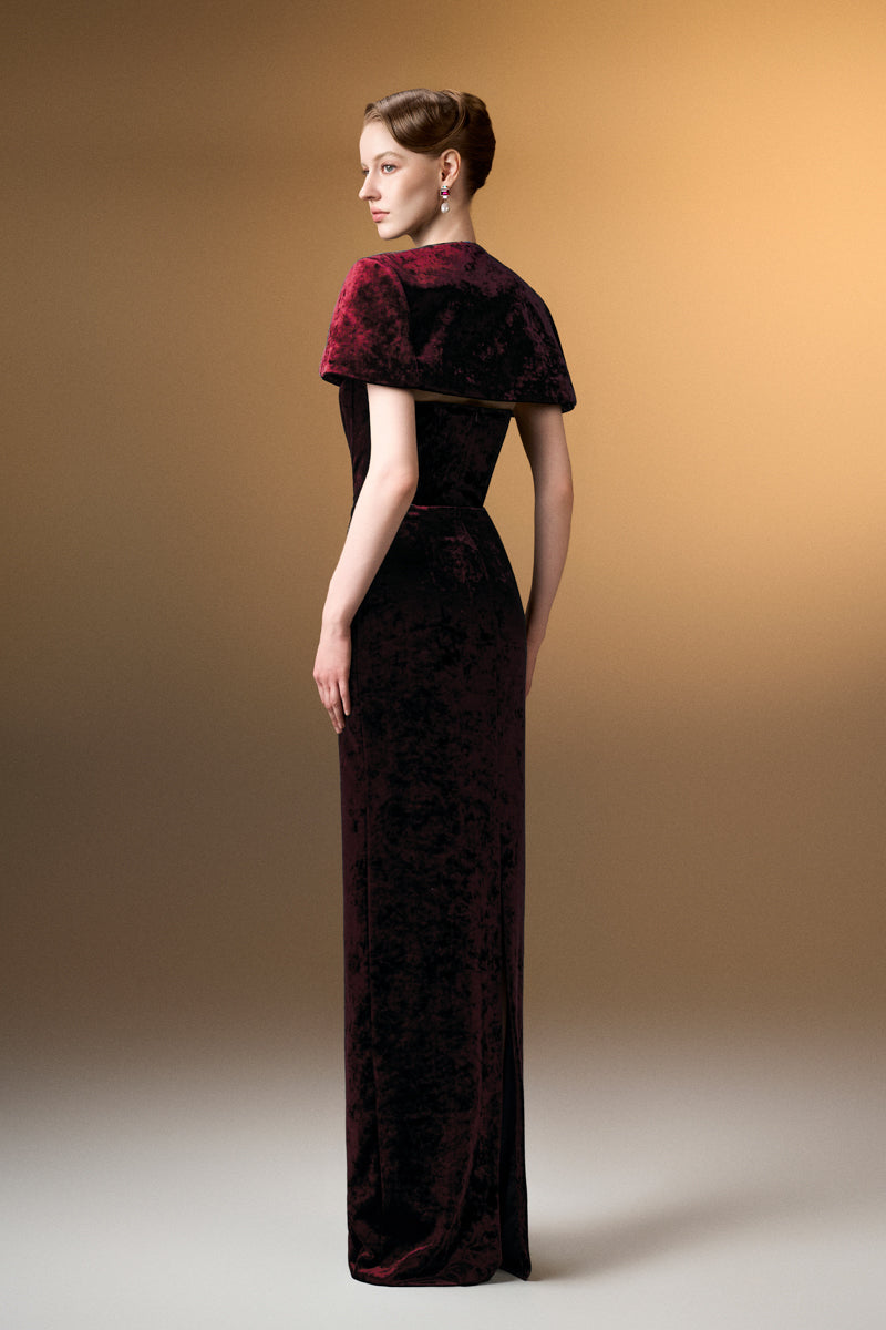 Strapless Column Gown With Mini Cape In Dark Red Grain Velvet