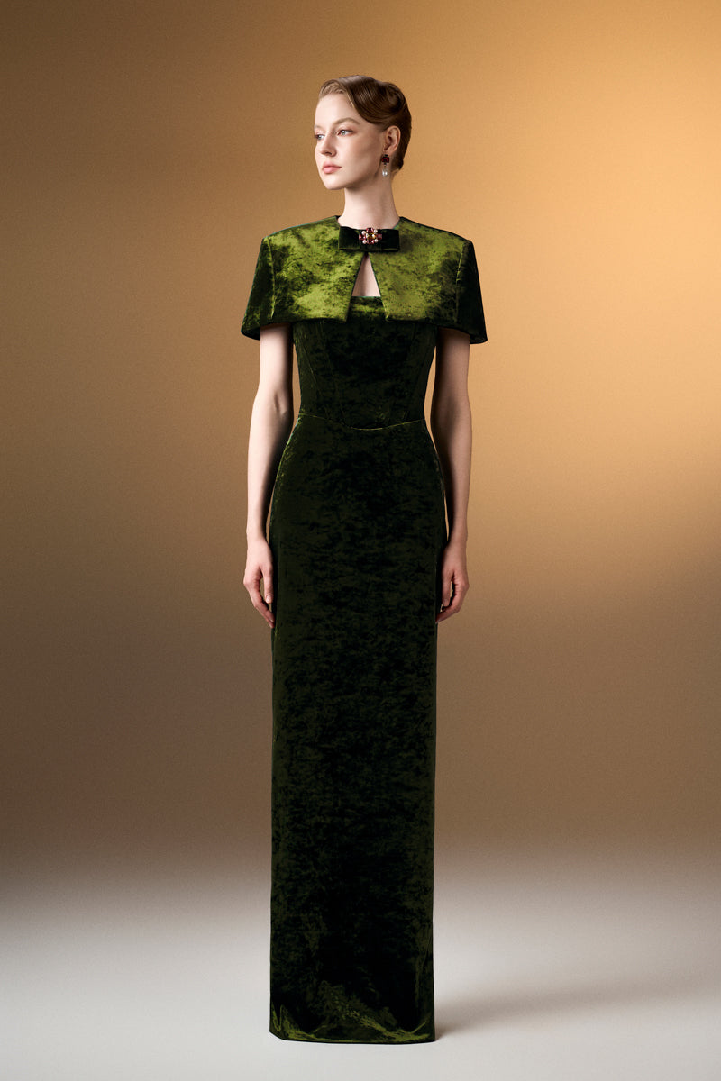 Strapless Column Gown With Mini Cape In Green Grain Velvet