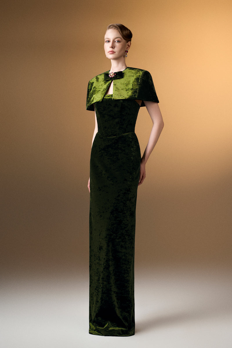 Strapless Column Gown With Mini Cape In Green Grain Velvet