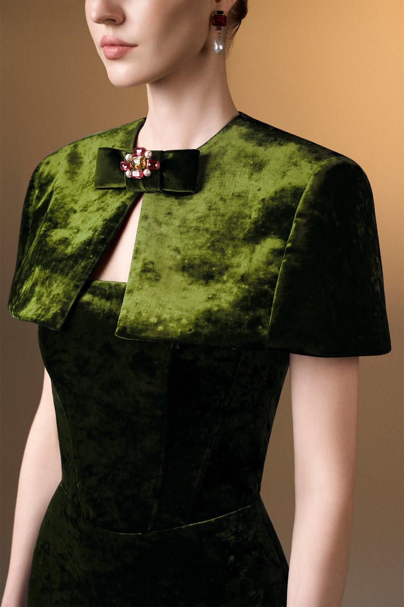 Strapless Column Gown With Mini Cape In Green Grain Velvet