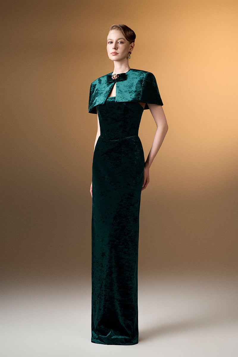 Strapless Column Gown With Mini Cape In Dark Green Grain Velvet