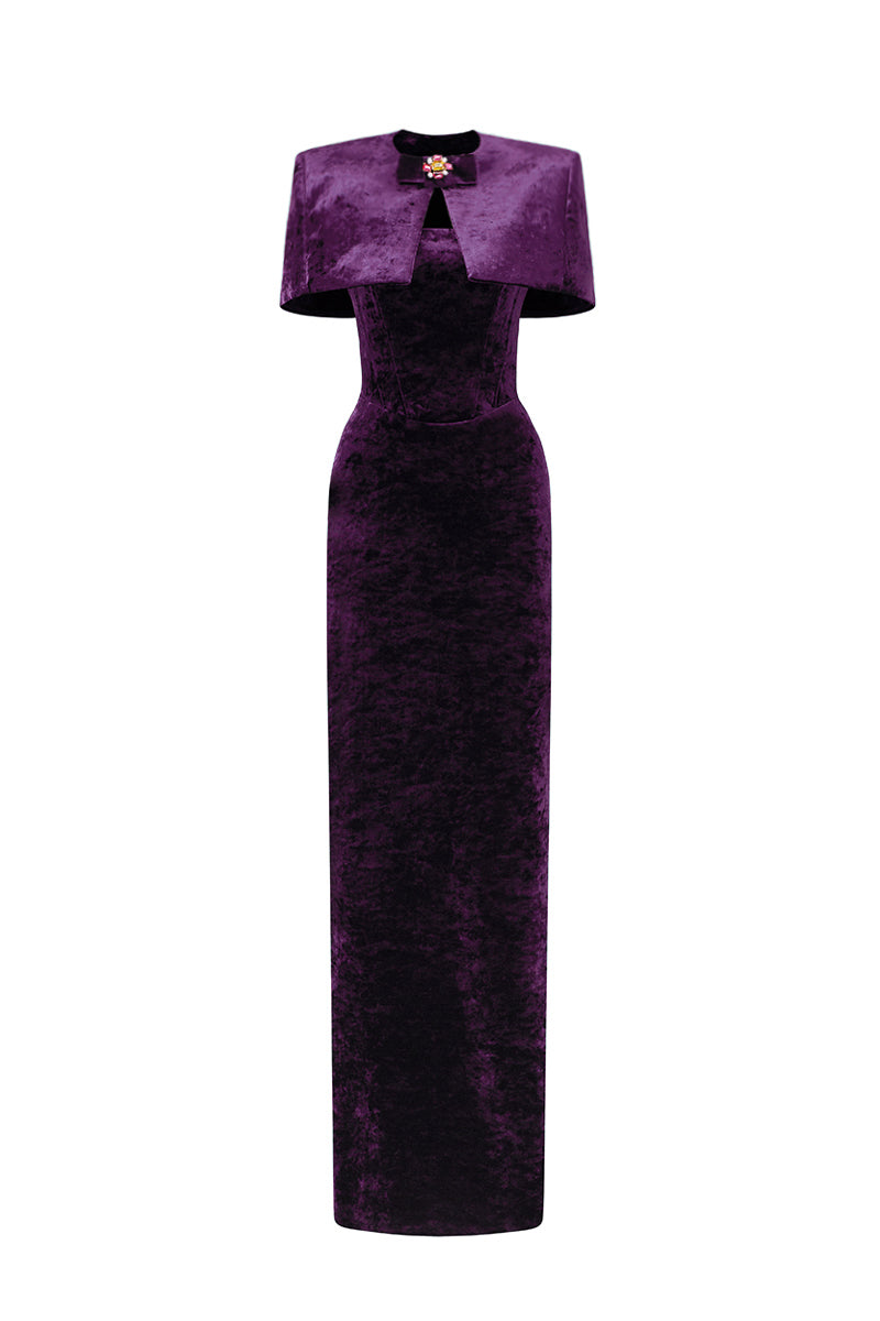 Strapless Column Gown With Mini Cape In Dark Purple Grain Velvet