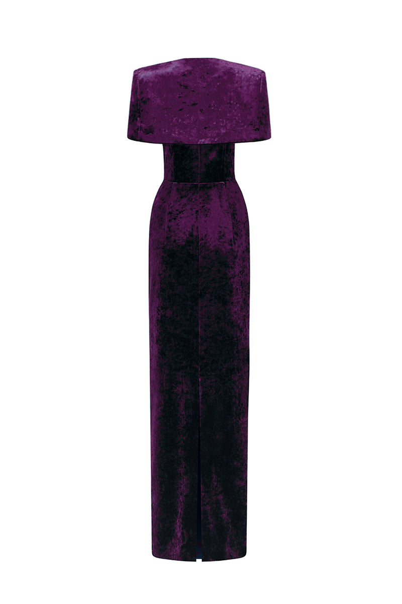 Strapless Column Gown With Mini Cape In Dark Purple Grain Velvet