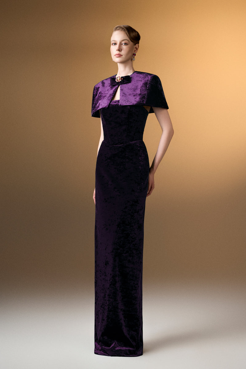 Strapless Column Gown With Mini Cape In Dark Purple Grain Velvet