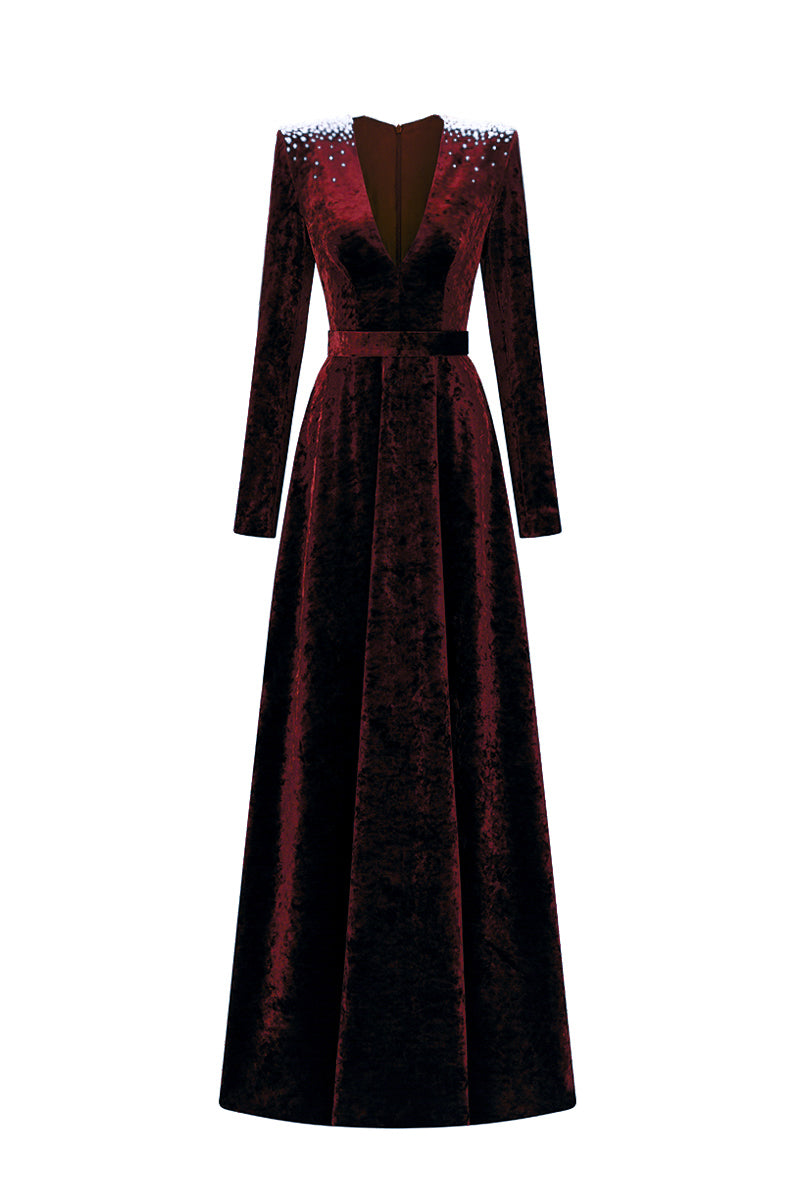 V-Neck A-Line Gown With Long Sleeves In Dark Red Grain Velvet