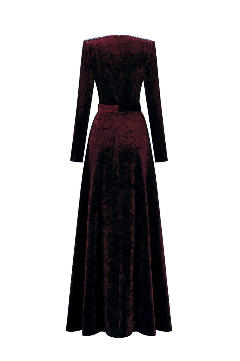 V-Neck A-Line Gown With Long Sleeves In Dark Red Grain Velvet