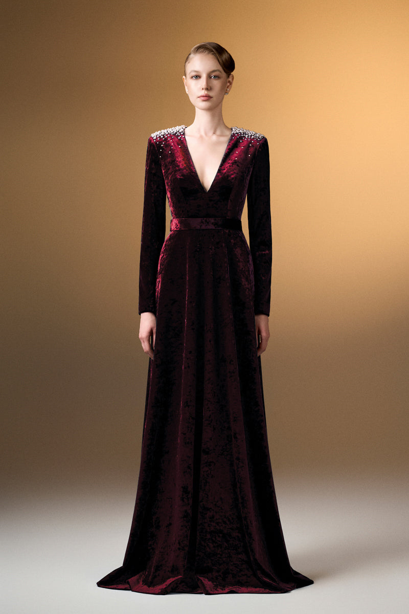 V-Neck A-Line Gown With Long Sleeves In Dark Red Grain Velvet