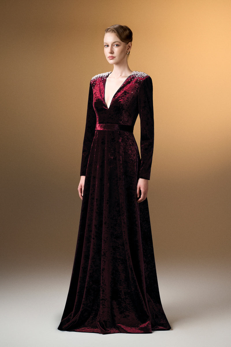 V-Neck A-Line Gown With Long Sleeves In Dark Red Grain Velvet