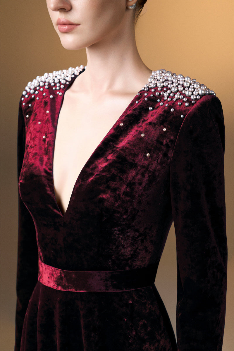 V-Neck A-Line Gown With Long Sleeves In Dark Red Grain Velvet