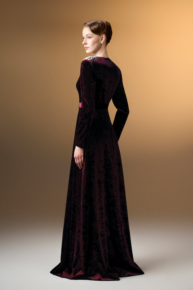 V-Neck A-Line Gown With Long Sleeves In Dark Red Grain Velvet