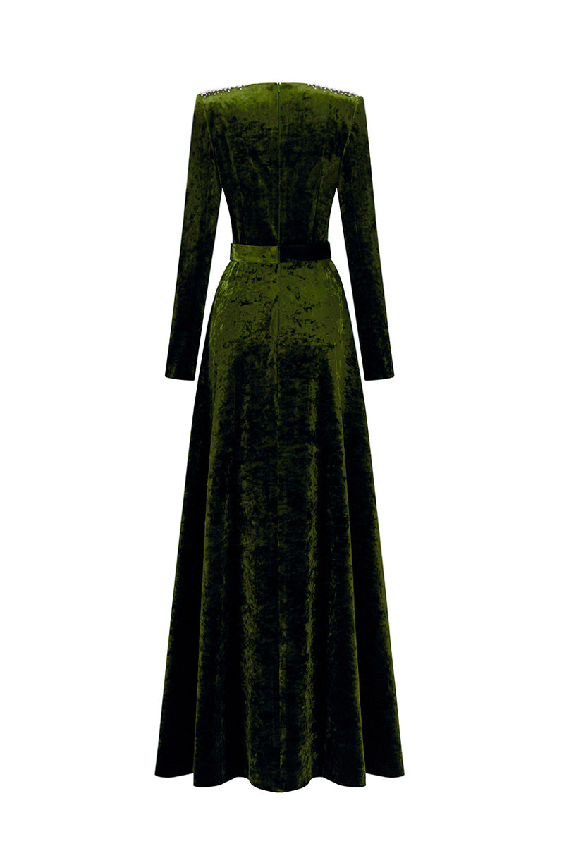 V-Neck A-Line Gown With Long Sleeves In Green Grain Velvet