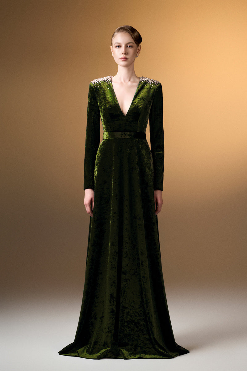 V-Neck A-Line Gown With Long Sleeves In Green Grain Velvet