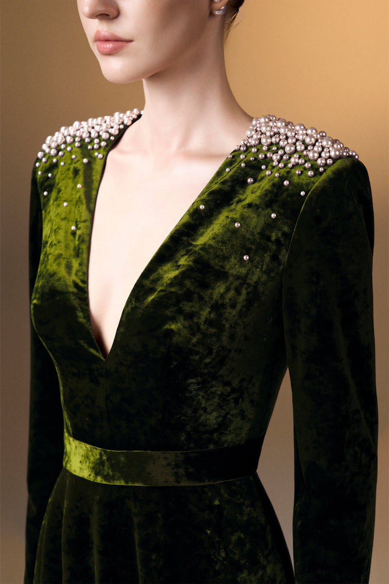 V-Neck A-Line Gown With Long Sleeves In Green Grain Velvet