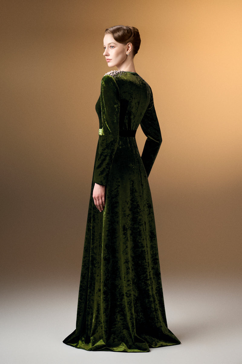 V-Neck A-Line Gown With Long Sleeves In Green Grain Velvet