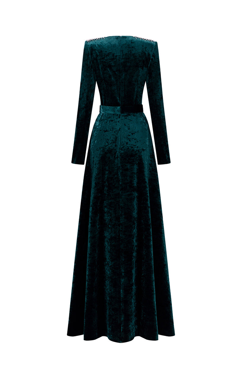 V-Neck A-Line Gown With Long Sleeves In Dark Green Grain Velvet