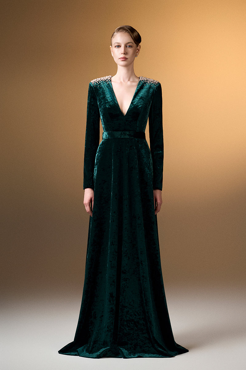 V-Neck A-Line Gown With Long Sleeves In Dark Green Grain Velvet