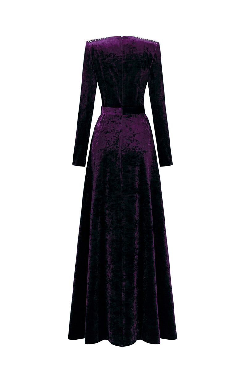 V-Neck A-Line Gown With Long Sleeves In Dark Purple Grain Velvet