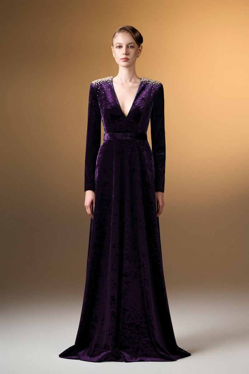 V-Neck A-Line Gown With Long Sleeves In Dark Purple Grain Velvet