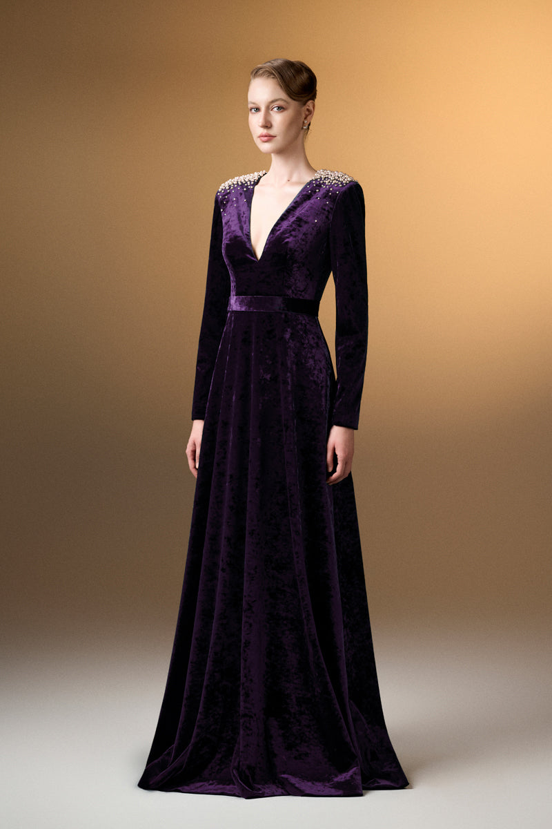 V-Neck A-Line Gown With Long Sleeves In Dark Purple Grain Velvet