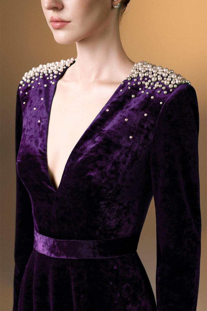 V-Neck A-Line Gown With Long Sleeves In Dark Purple Grain Velvet