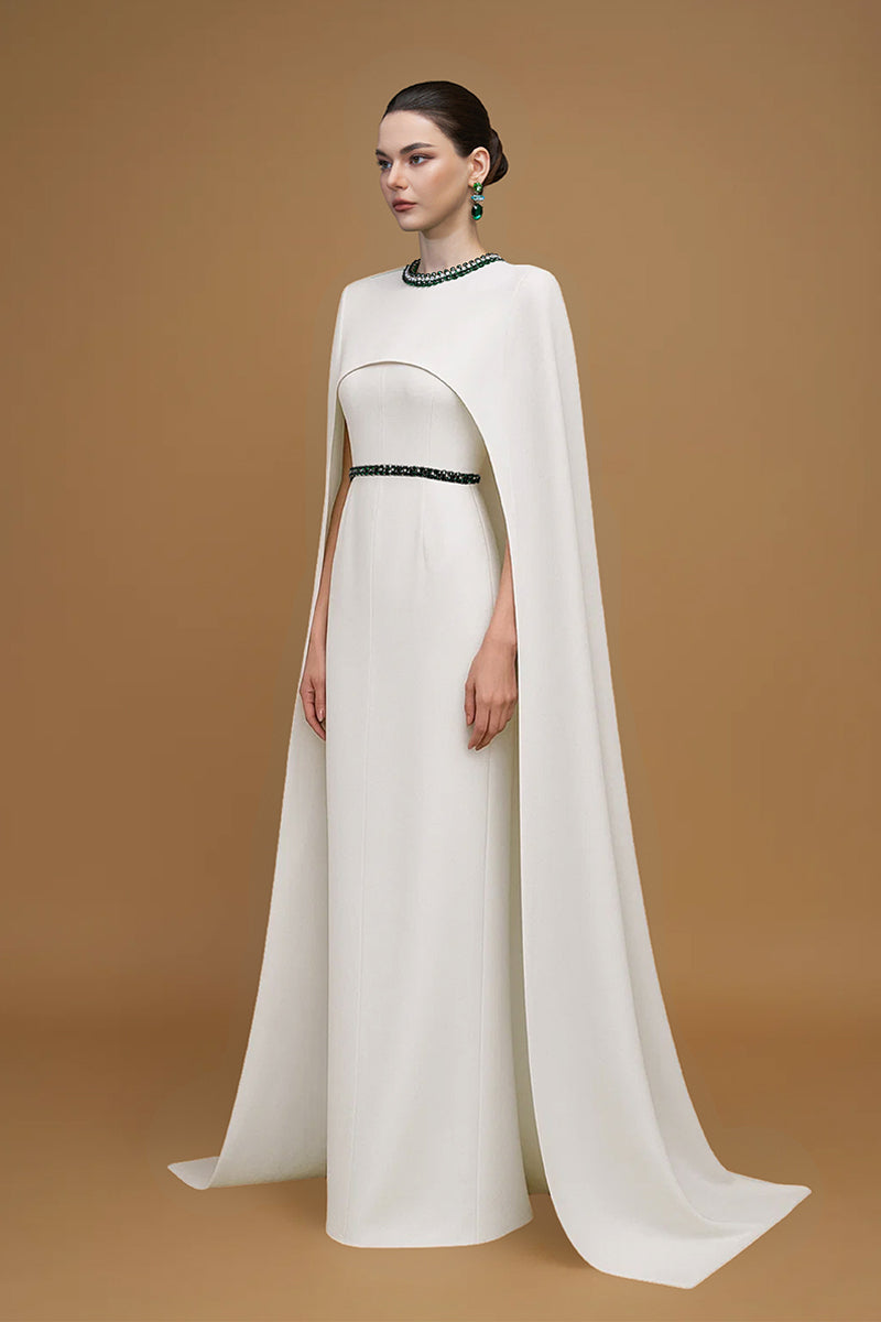 Round Neck Column Gown With Floor Length Cape Sleeves