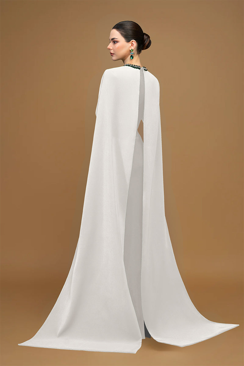 Round Neck Column Gown With Floor Length Cape Sleeves