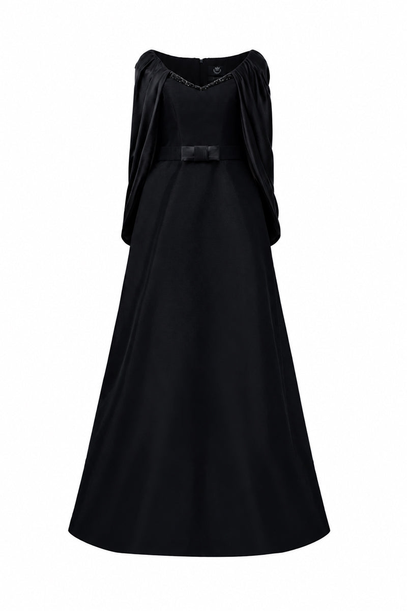 V Neck A-Line Gown With Draped Details In Black Taffeta And Satin Silk