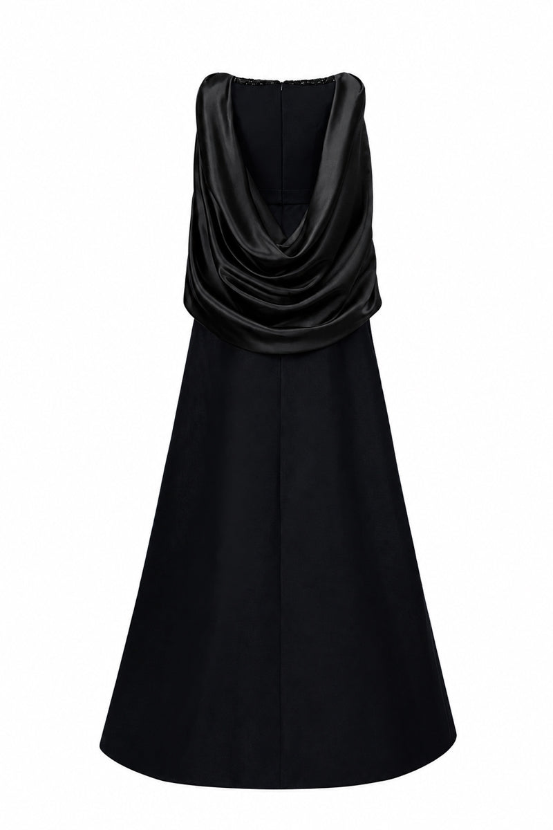 V Neck A-Line Gown With Draped Details In Black Taffeta And Satin Silk