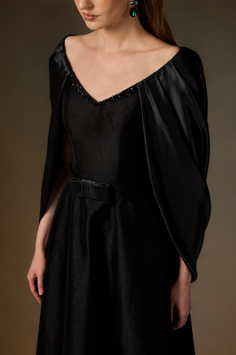 V Neck A-Line Gown With Draped Details In Black Taffeta And Satin Silk