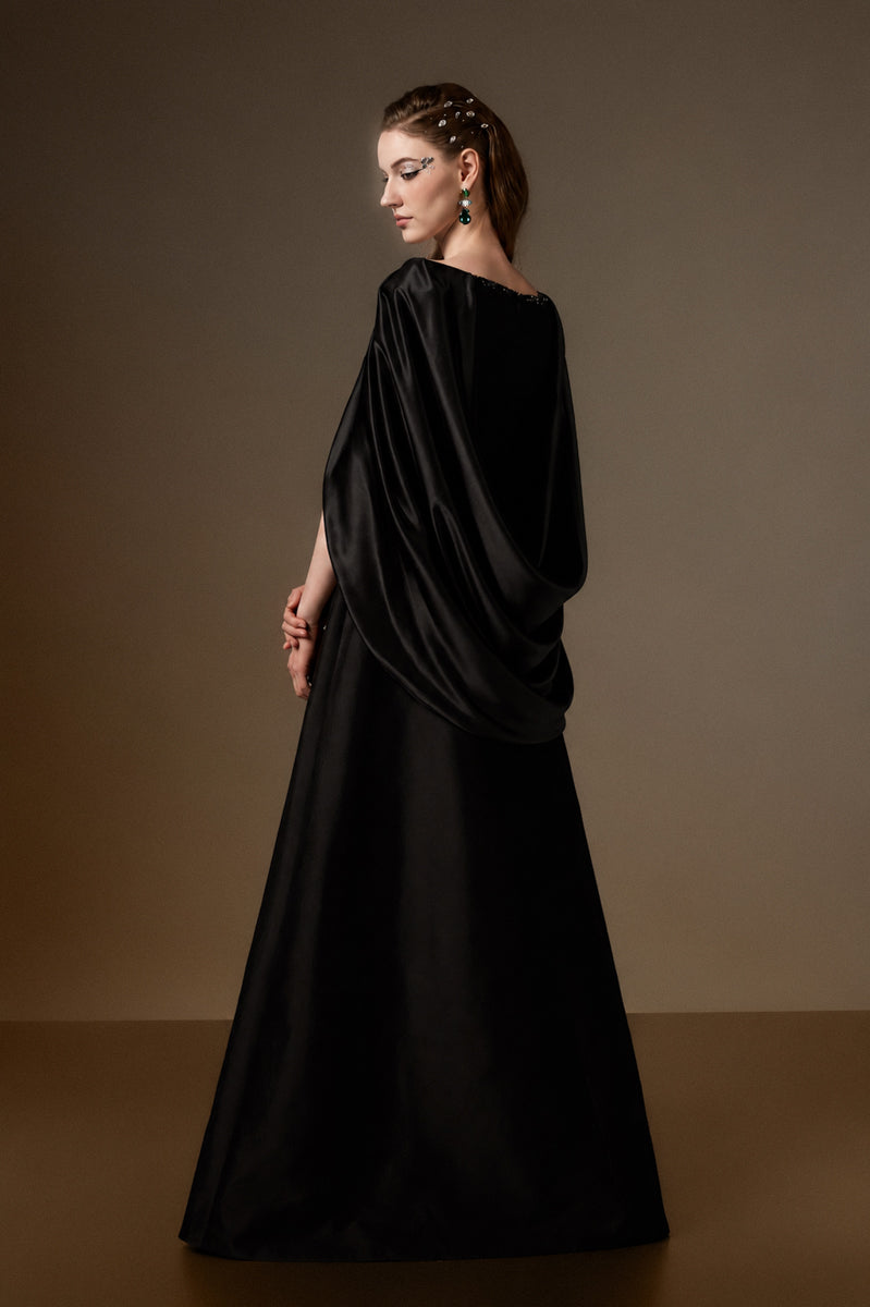 V Neck A-Line Gown With Draped Details In Black Taffeta And Satin Silk