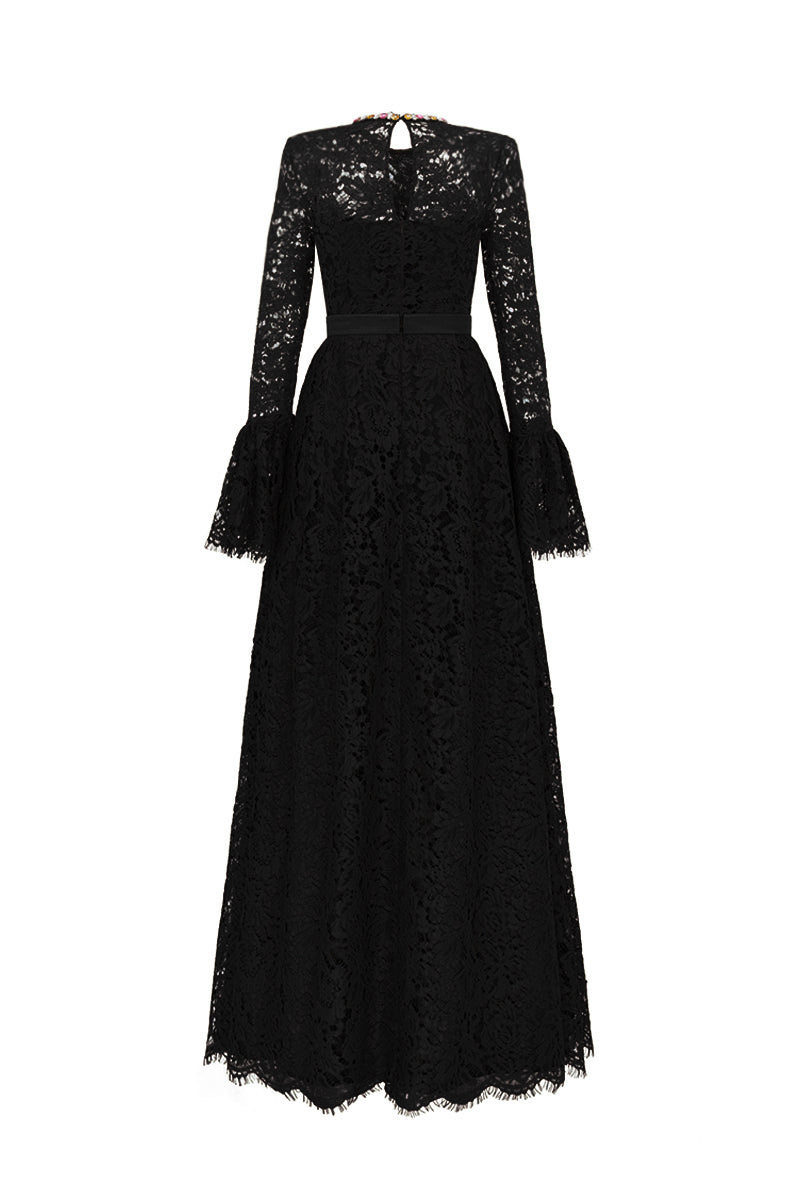 Round Neck A-Line Gown With Ruffle Long Sleeves In Black French Lace