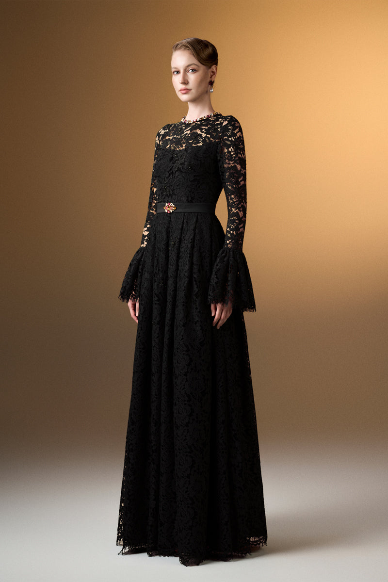 Round Neck A-Line Gown With Ruffle Long Sleeves In Black French Lace