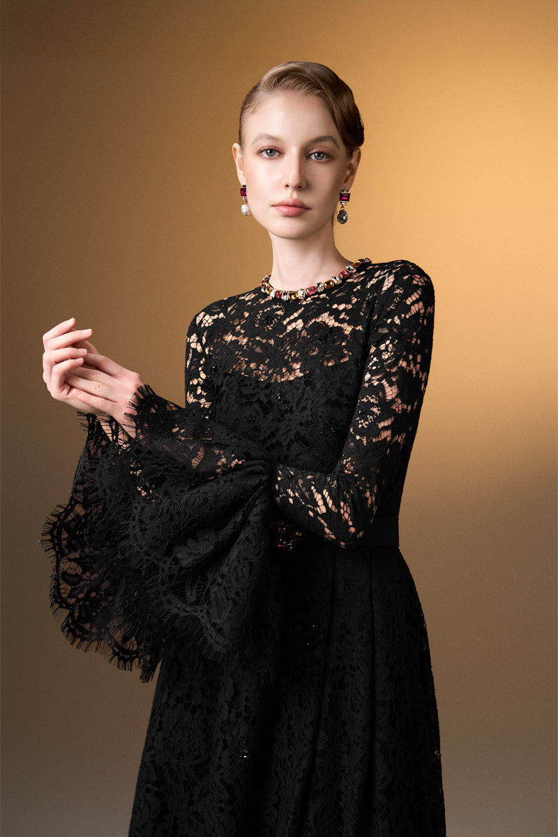 Round Neck A-Line Gown With Ruffle Long Sleeves In Black French Lace