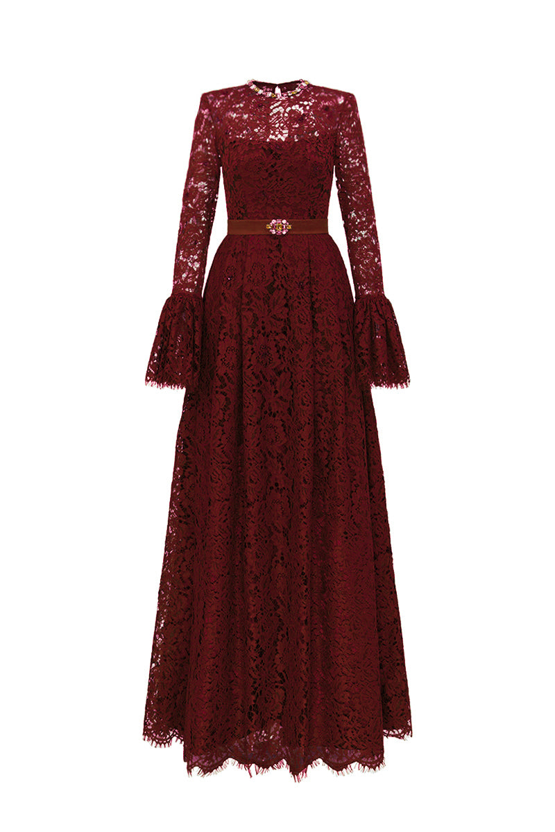 Round Neck A-Line Gown With Ruffle Long Sleeves In Dark Red French Lace