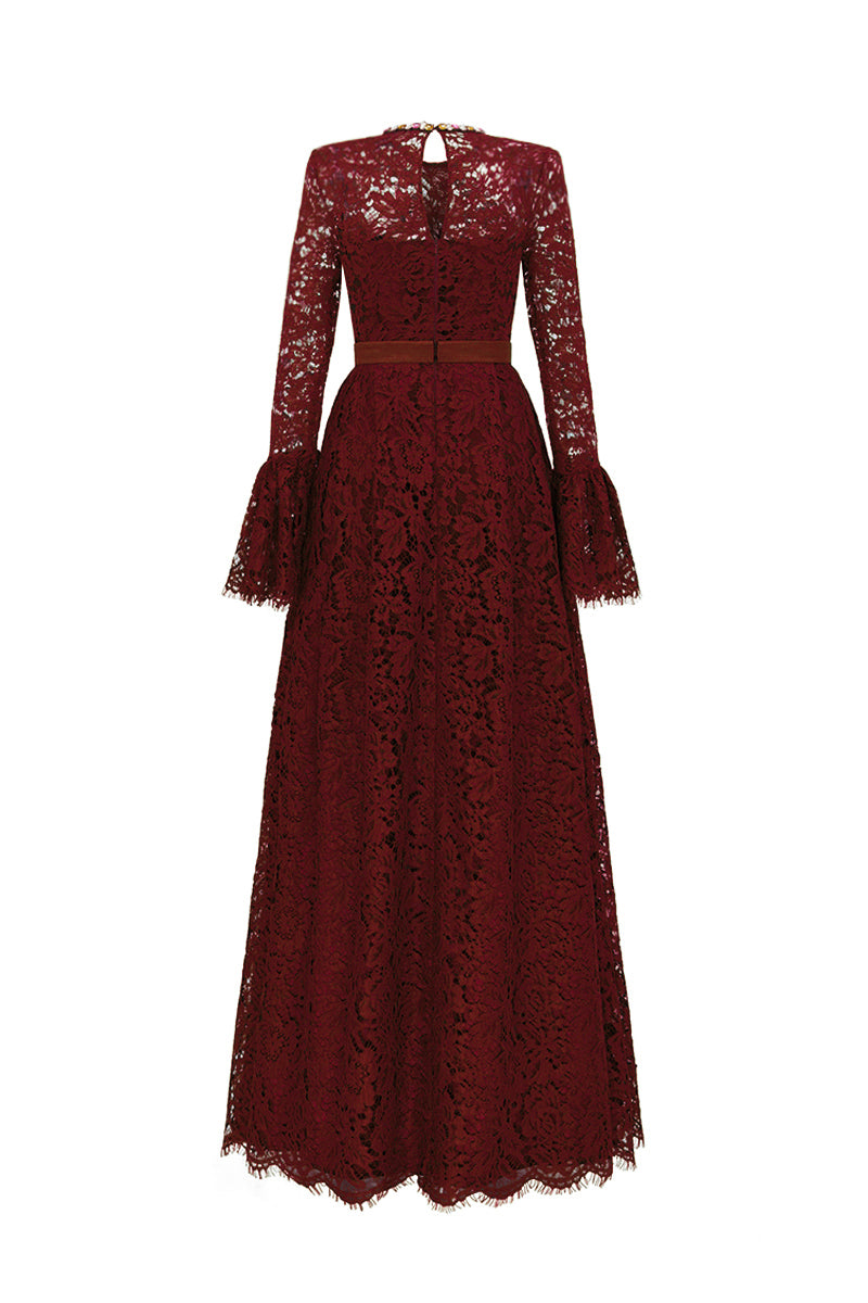 Round Neck A-Line Gown With Ruffle Long Sleeves In Dark Red French Lace