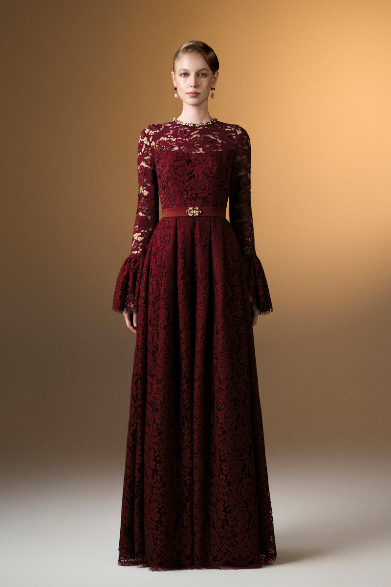 Round Neck A-Line Gown With Ruffle Long Sleeves In Dark Red French Lace
