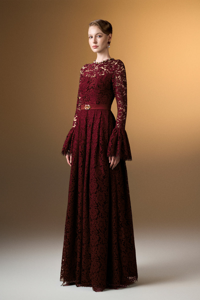 Round Neck A-Line Gown With Ruffle Long Sleeves In Dark Red French Lace