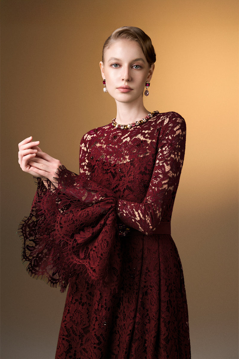 Round Neck A-Line Gown With Ruffle Long Sleeves In Dark Red French Lace