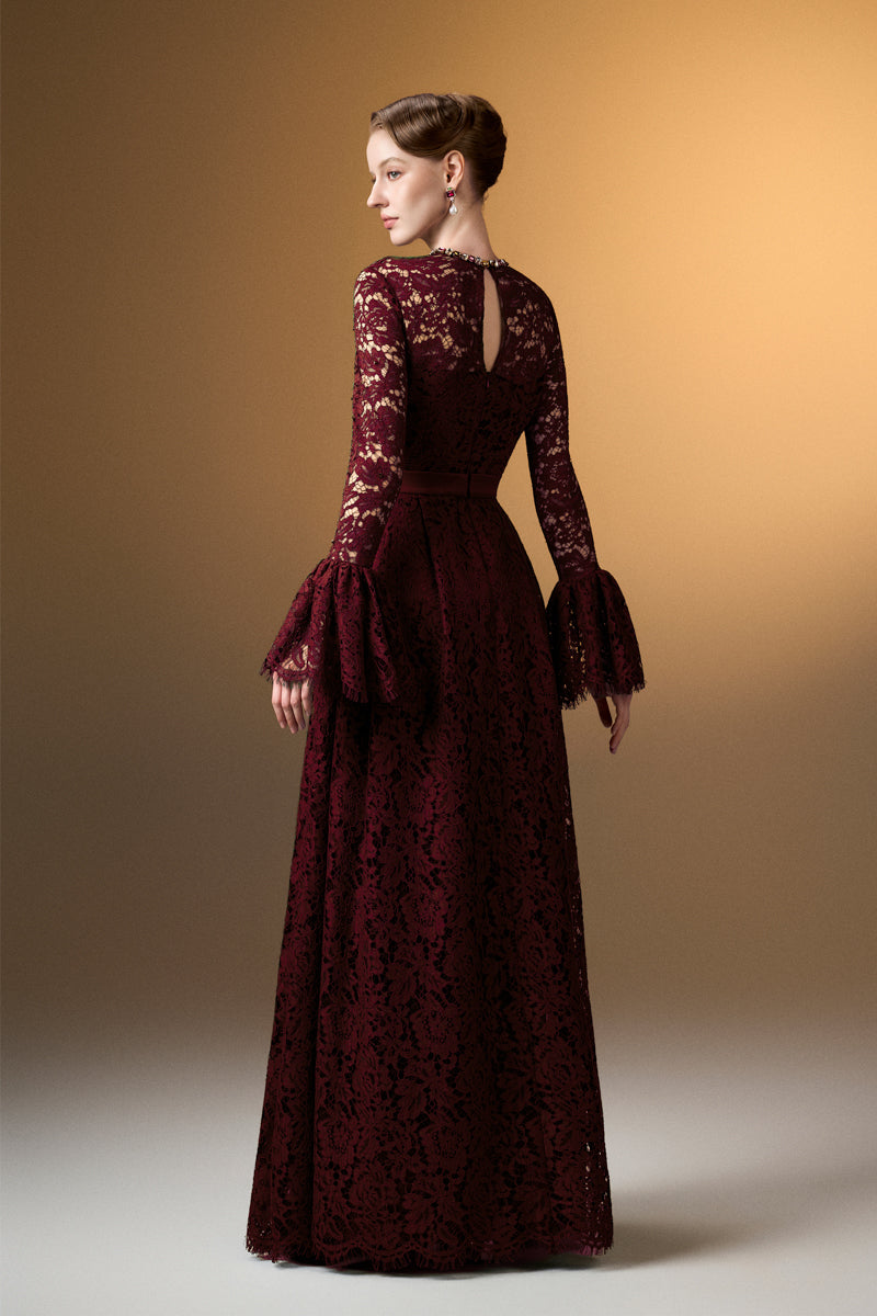 Round Neck A-Line Gown With Ruffle Long Sleeves In Dark Red French Lace