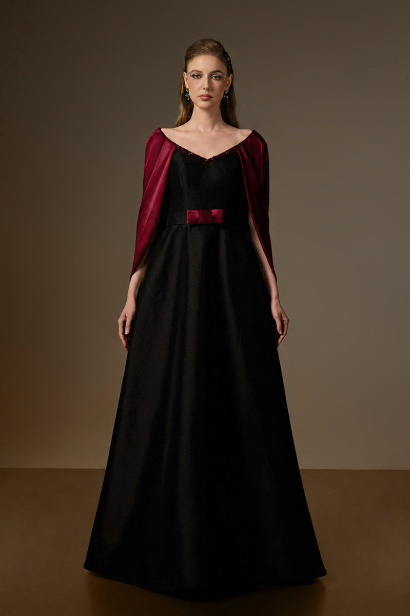 V Neck A-Line Gown With Draped Details In Black Taffeta And Dark Red Satin Silk