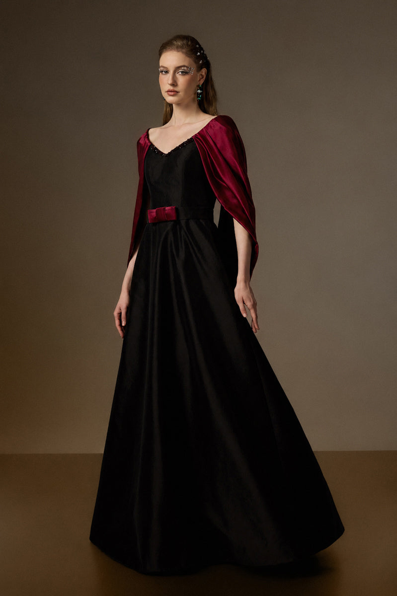 V Neck A-Line Gown With Draped Details In Black Taffeta And Dark Red Satin Silk