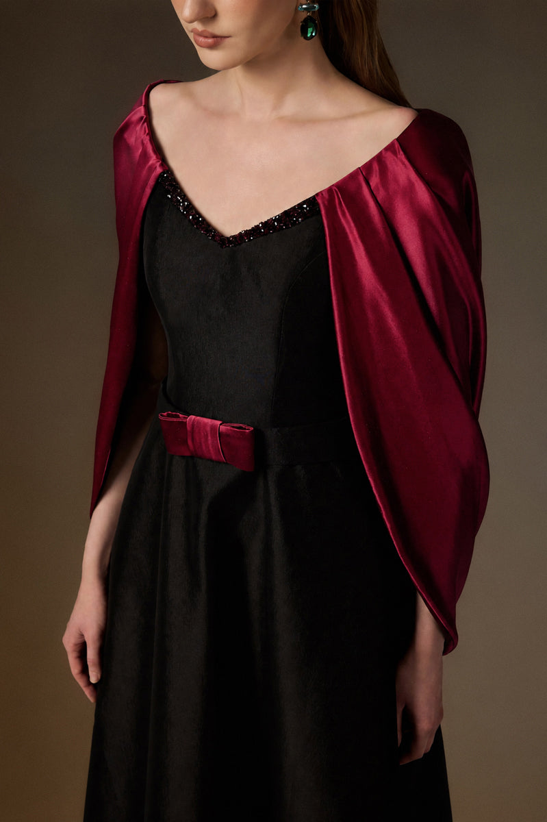 V Neck A-Line Gown With Draped Details In Black Taffeta And Dark Red Satin Silk