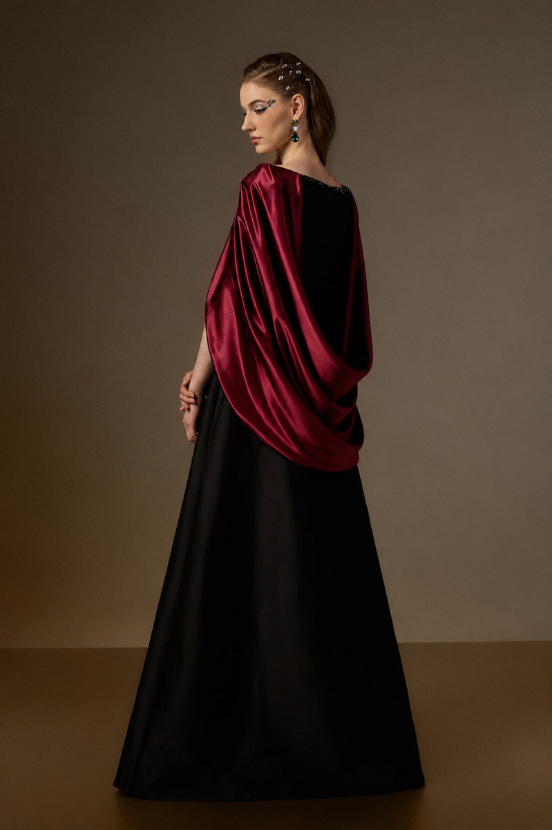 V Neck A-Line Gown With Draped Details In Black Taffeta And Dark Red Satin Silk
