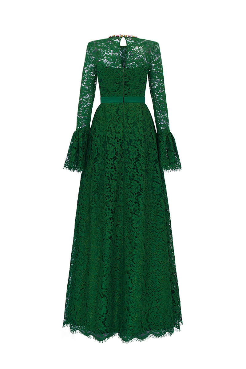 Round Neck A-Line Gown With Ruffle Long Sleeves In Green French Lace