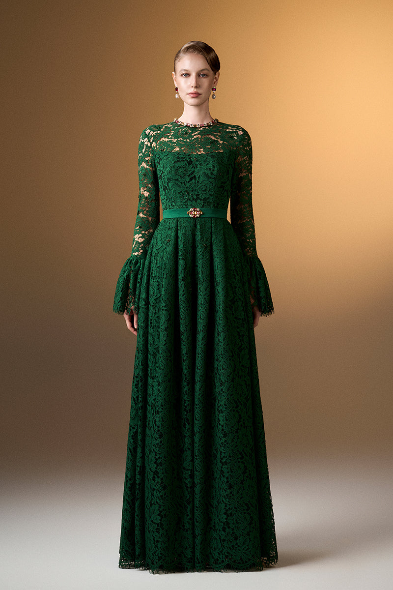Round Neck A-Line Gown With Ruffle Long Sleeves In Green French Lace