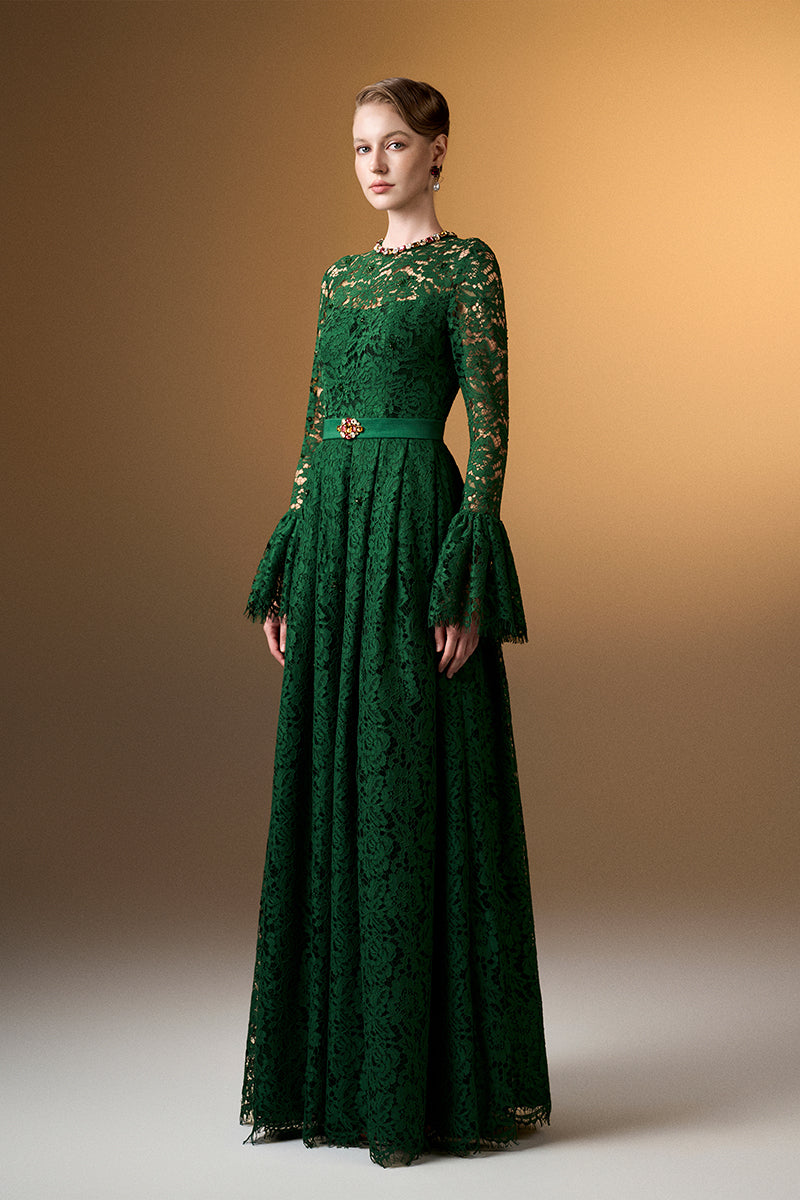 Round Neck A-Line Gown With Ruffle Long Sleeves In Green French Lace