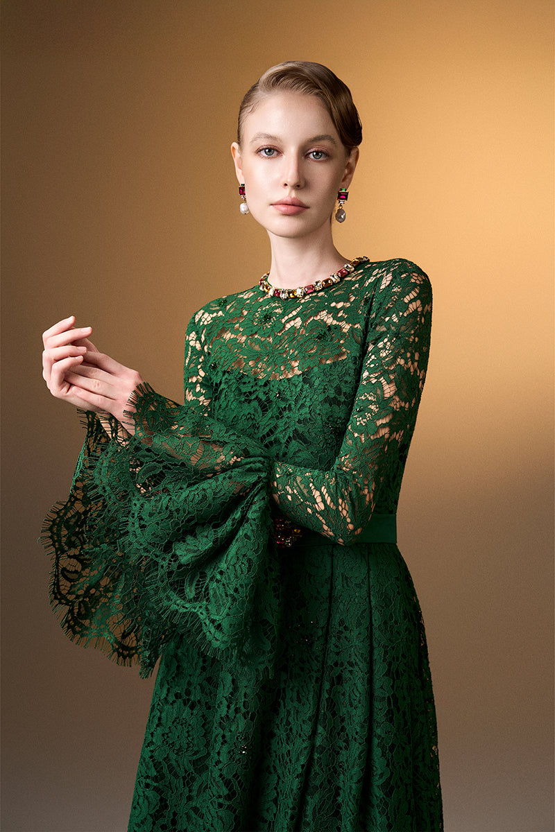 Round Neck A-Line Gown With Ruffle Long Sleeves In Green French Lace