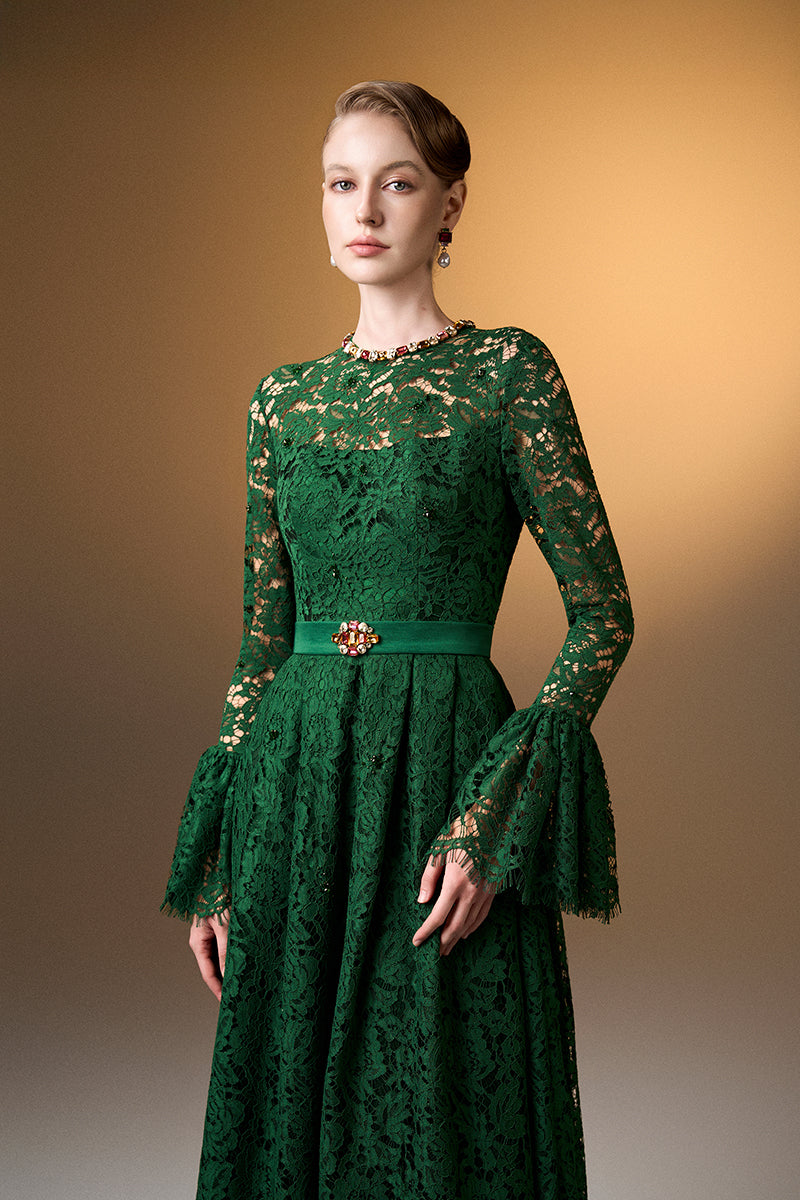 Round Neck A-Line Gown With Ruffle Long Sleeves In Green French Lace